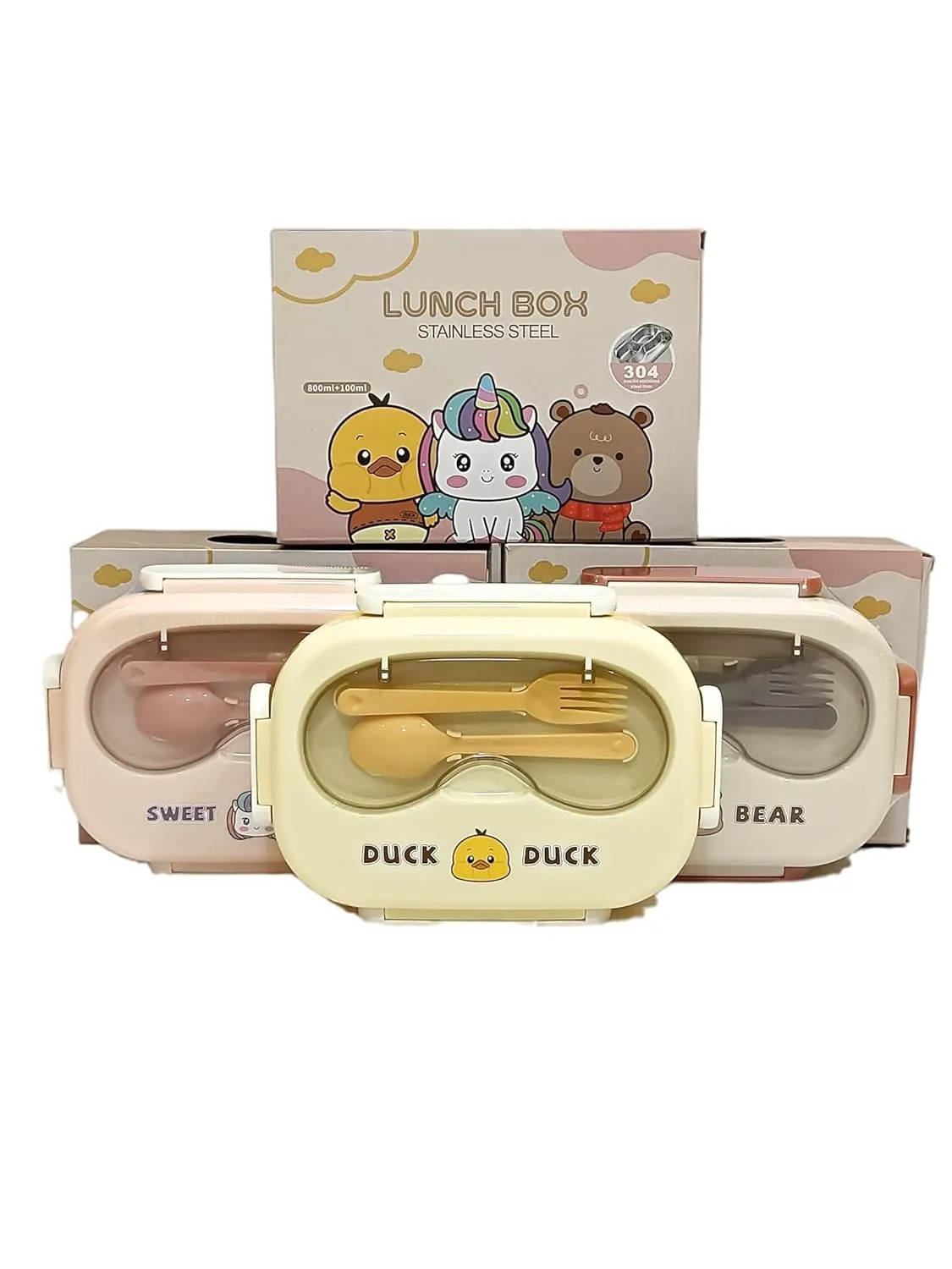 Kids Cartoon Design Stainless Steel Lunch Box With Spoons