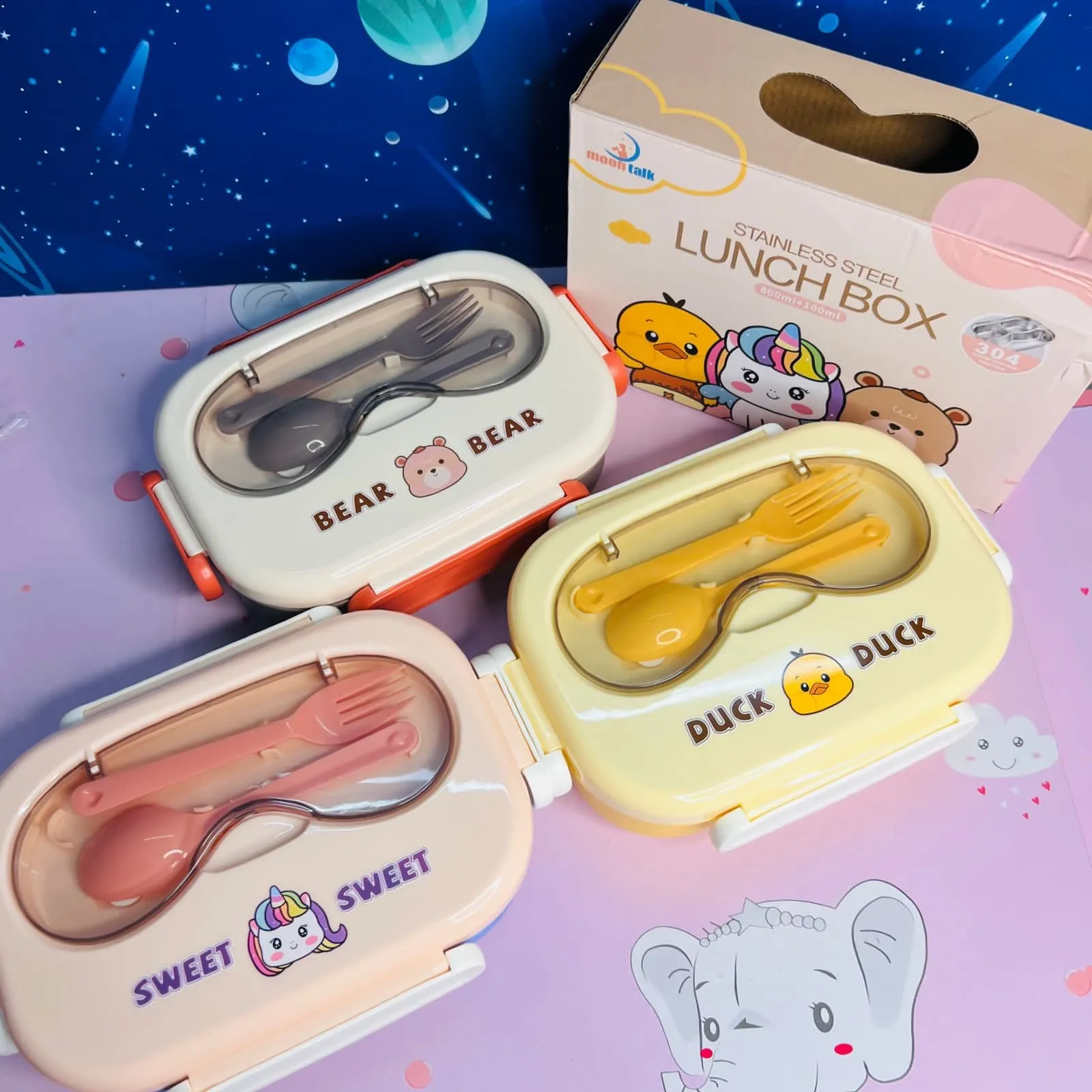 Kids Cartoon Design Stainless Steel Lunch Box With Spoons