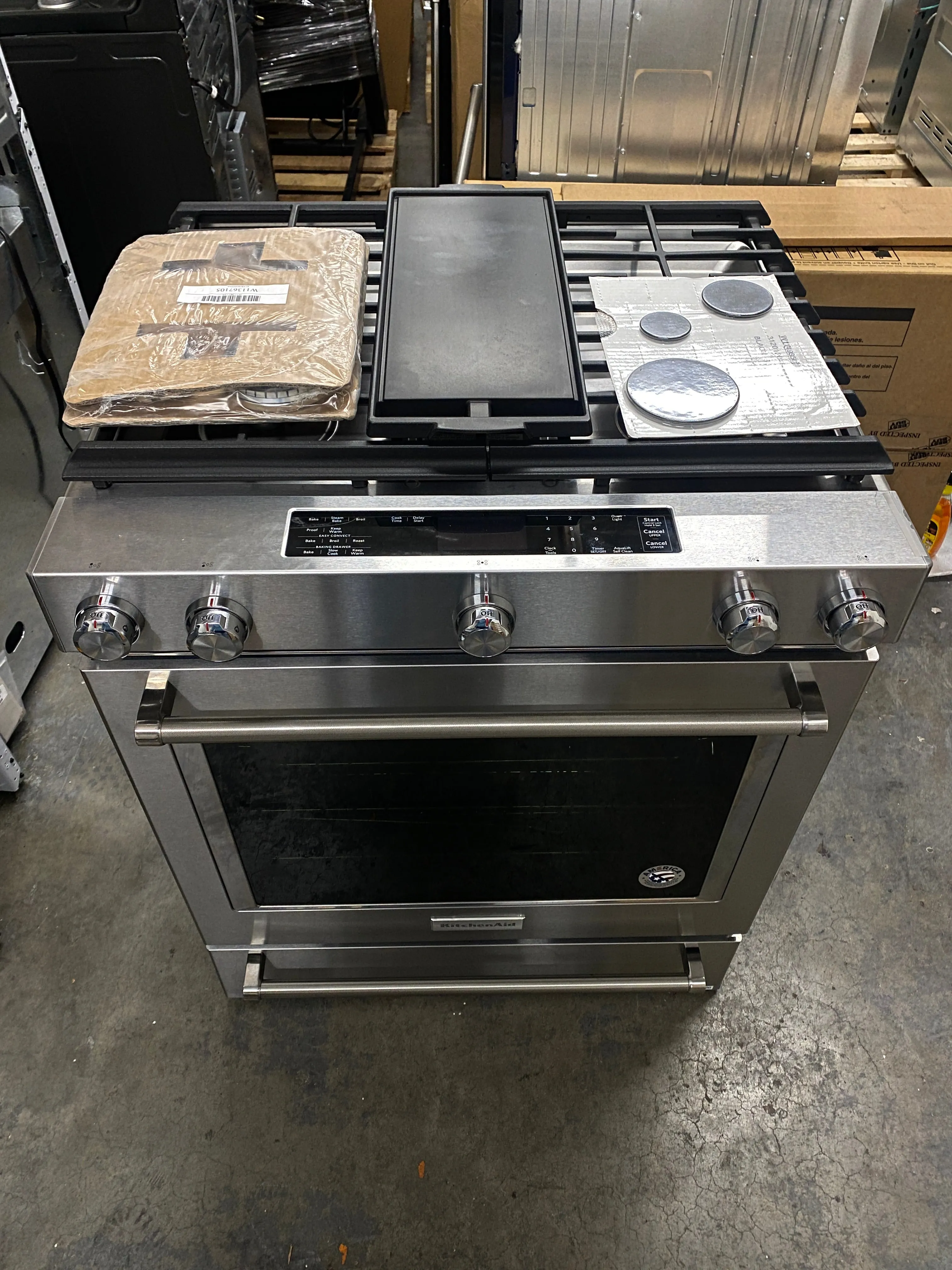 KitchenAid KSDB900ESS 30 Inch Slide-in Dual Fuel Range with 5 Sealed Burners, 19,000 BTU, 7.1 cu. ft. Total Capacity, Even-Heat True Convection, Baking Drawer and Wireless Probe: Stainless Steel