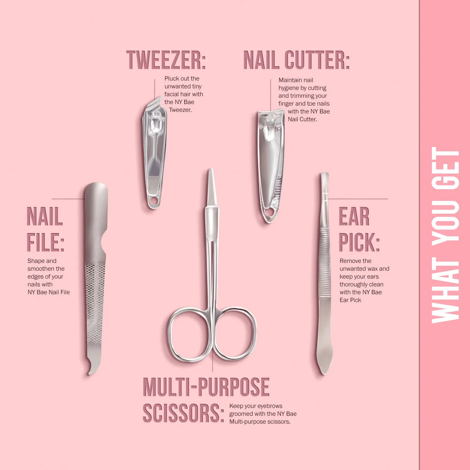 NY Bae Pro Manicure Kit | Ear Pick | Nail Cutter | Multipurpose Scissors | Tweezer | Nail File | Travel Friendly | Multi Functional