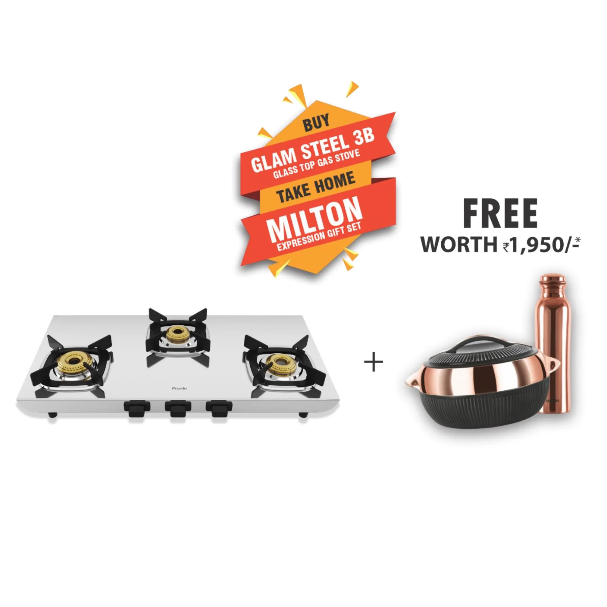 Preethi Glamsteel 3 Burners Gas Stove - Sleek Design, Brass Burners (S427) with Milton Expression Gift Set