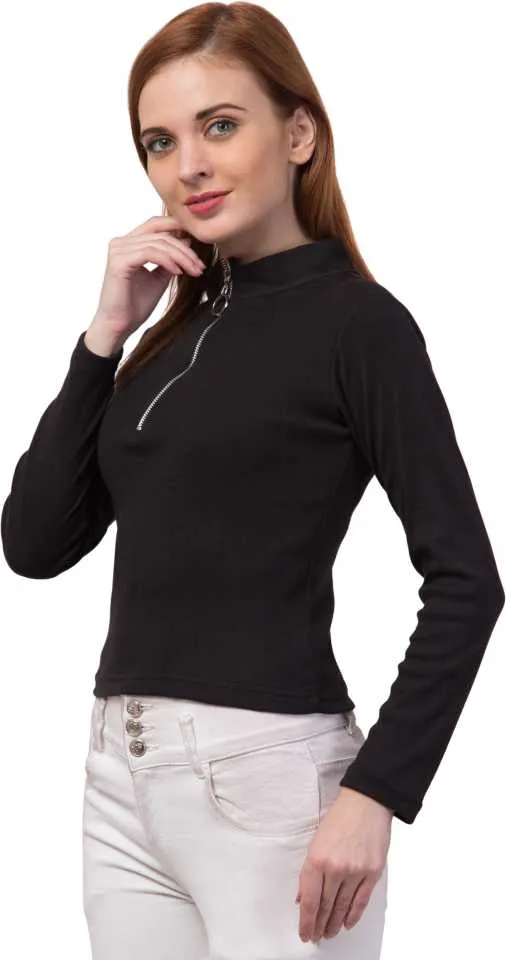 Whitewhale Casual Regular Sleeves Solid Women Black Top