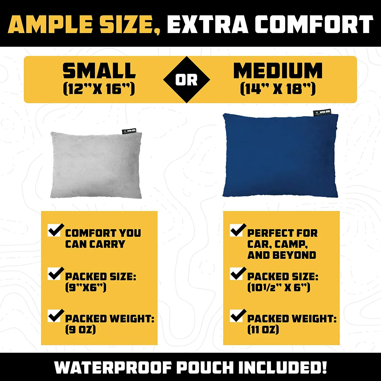 Wise Owl Outfitters Camping Pillow - Essential Camping Accessories, Backpacking Pillow for Sleeping and Traveling - Compressible Memory Foam Travel Pillow, Compact - Small/Medium